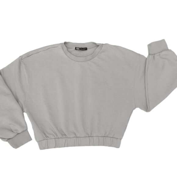 Zara Cropped Gray Sweatshirt M Elastic Hem Long Sleeve Pullover Casual Top - Picture 1 of 8